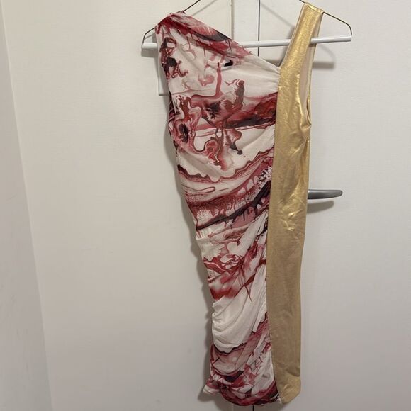 Jean Paul Gaultier Soleil 90’s Mesh Ruched Dress with Gold & Abstract Pattern. - Picture 4 of 9